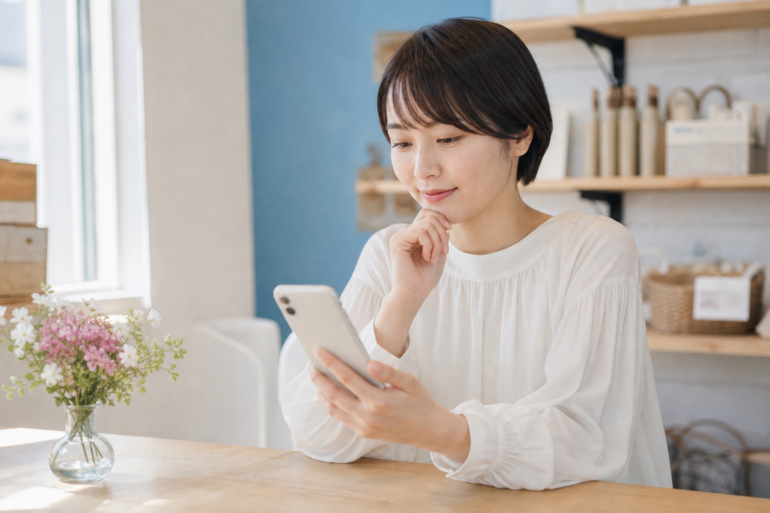 店舗の休憩スペースでスマートフォンを読みながら考える店主のイメージ